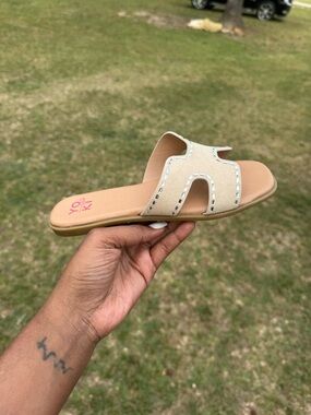 Fashion Nova Beige Slide Sandals with Silver Stitching